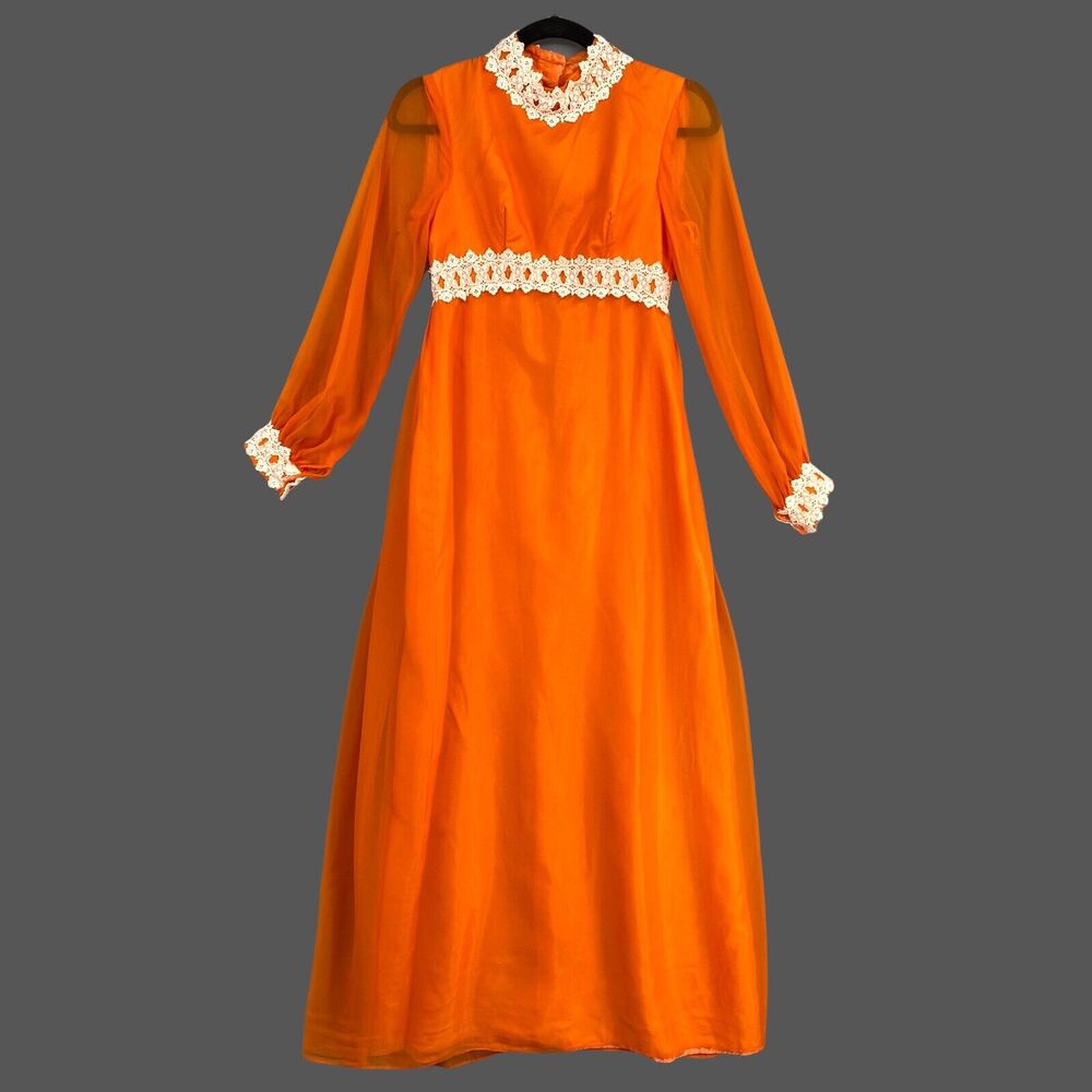 Vtg 60s Dress Womens S/XS Orange Lace Accents Victorian Boho Maxi Chiffon Gown
